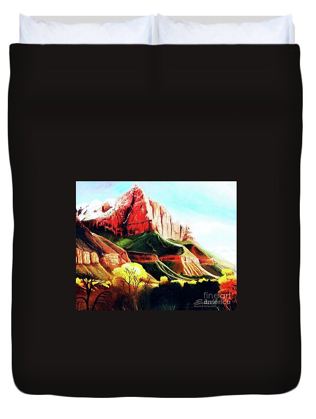 Sherril Porter Duvet Cover featuring the painting Snowy Zion's Watchman by Sherril Porter