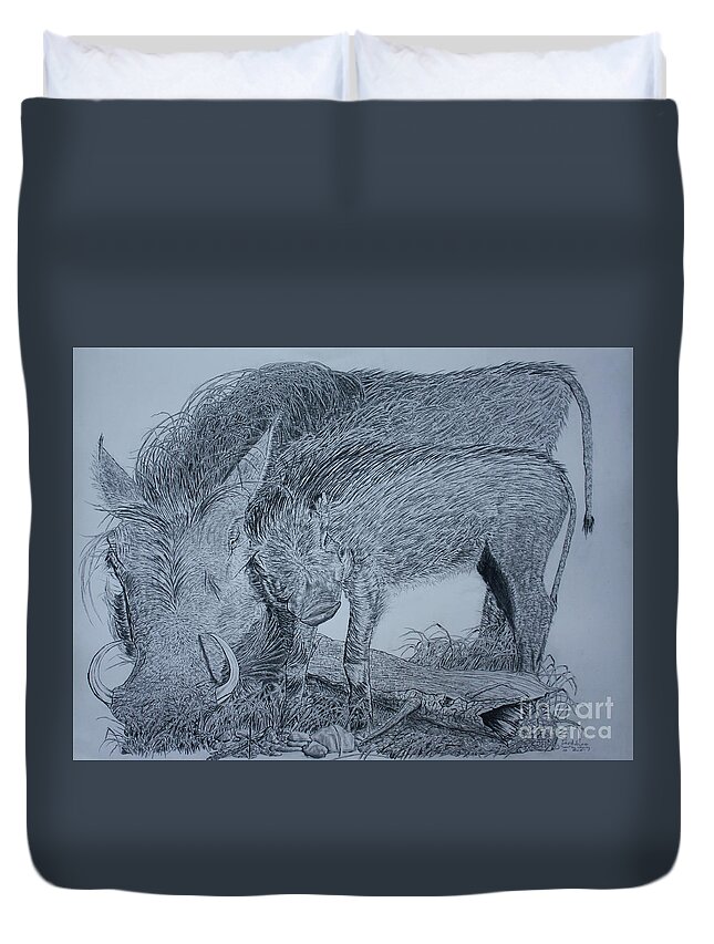 Warthog Duvet Cover featuring the drawing Snuggle by David Joyner