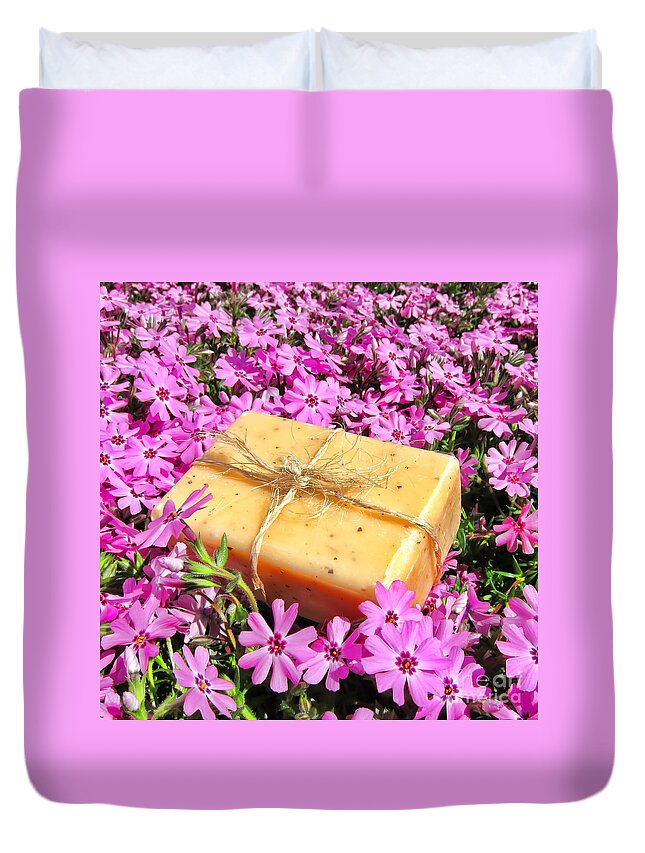Aromatherapy Duvet Cover featuring the photograph Soap on Flowers by Olivier Le Queinec
