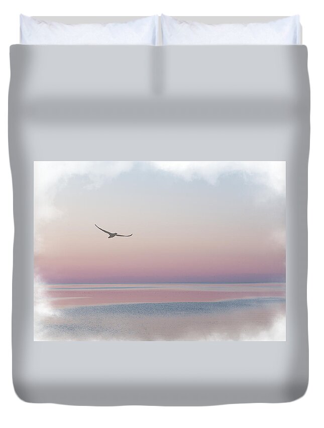 Sea Duvet Cover featuring the mixed media Soaring Over Cow Head Bay by Moira Law