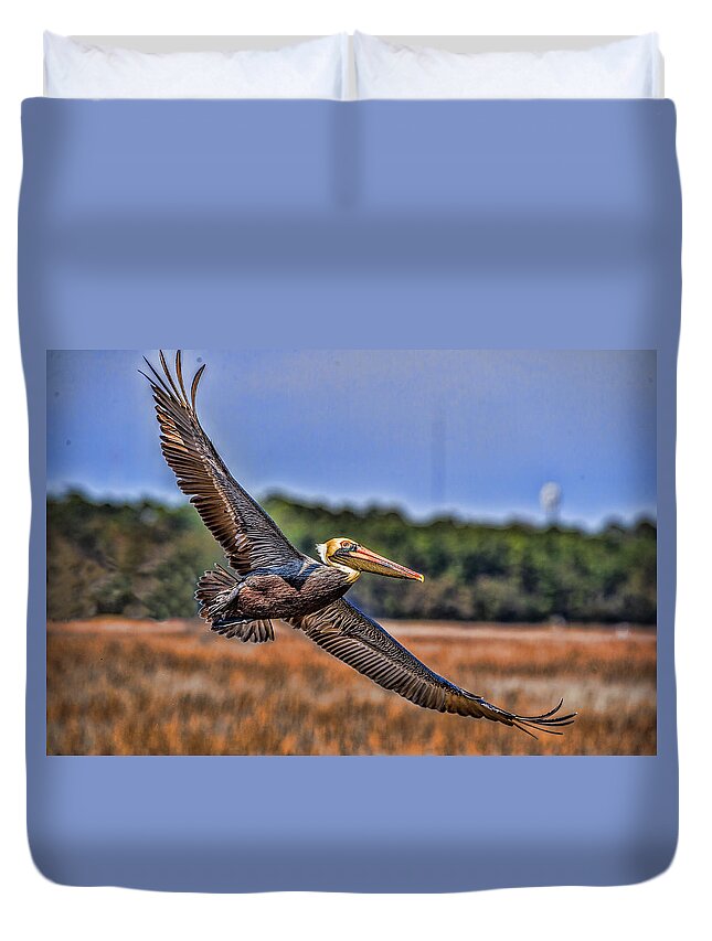 Pelican Duvet Cover featuring the photograph Soaring Pelican by Joe Granita