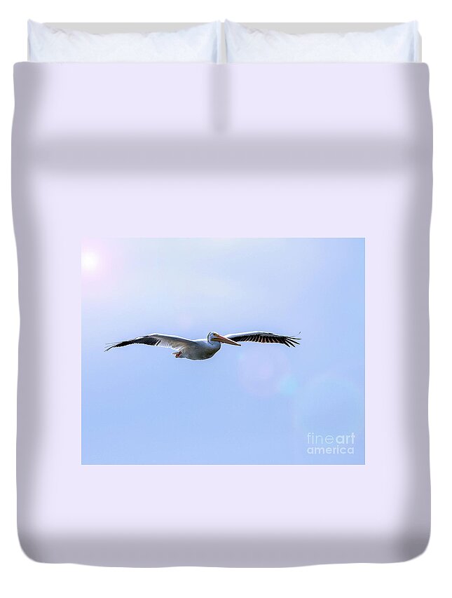 Pelican Duvet Cover featuring the photograph Soaring Pelican by Shirley Dutchkowski