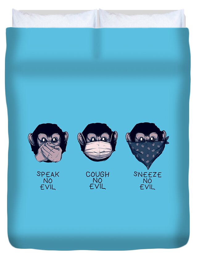 See No Evil Duvet Cover featuring the drawing Social Distance Monkeys by Ludwig Van Bacon