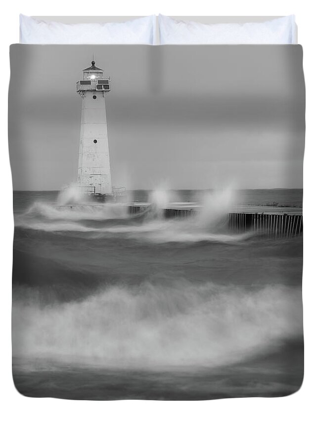 America Duvet Cover featuring the photograph Sodus Bay Lighthouse during a storm. by Kyle Lee