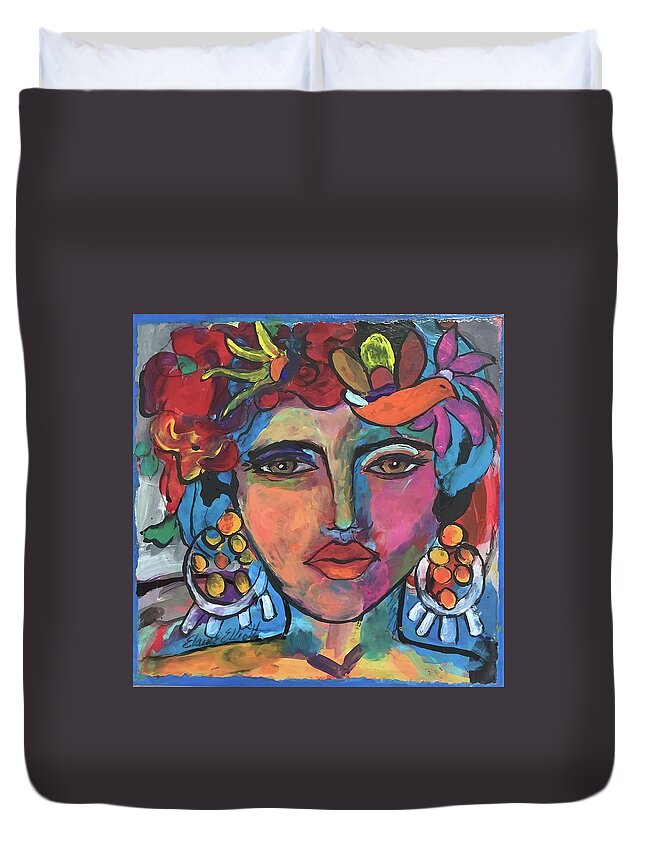 Women Duvet Cover featuring the painting Sofia con Pajaro by Elaine Elliott