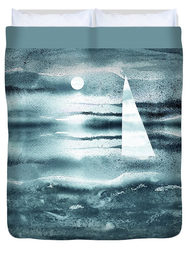 Beach Art Duvet Cover featuring the painting Soft Blue Sunset Sailboat At The Ocean Shore Seascape Painting Beach House Watercolor I by Irina Sztukowski