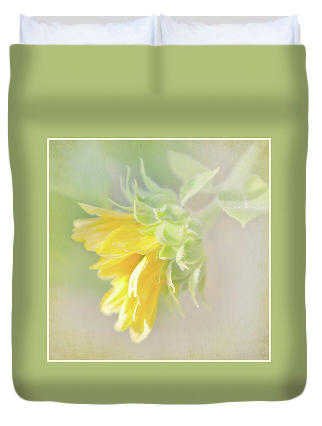 Sunflower Duvet Cover featuring the photograph Soft Yellow Sunflower Just Starting to Bloom by Patti Deters