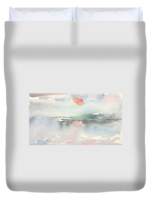 Sweden Duvet Cover featuring the painting Sol i saeck. Klintehamn, Gotland. Red sun forecasting bad weather by Marica Ohlsson