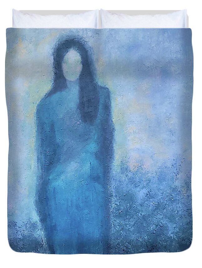 Woman Duvet Cover featuring the painting Solitaire by Cindy Johnston
