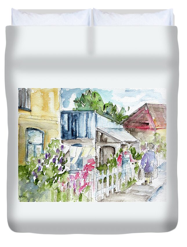 Summer Duvet Cover featuring the painting Some Gossip At The Fence by Barbara Pommerenke