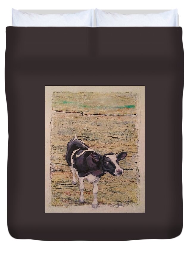 Cow Duvet Cover featuring the painting Something in the Way She MOOS by Jean Cormier