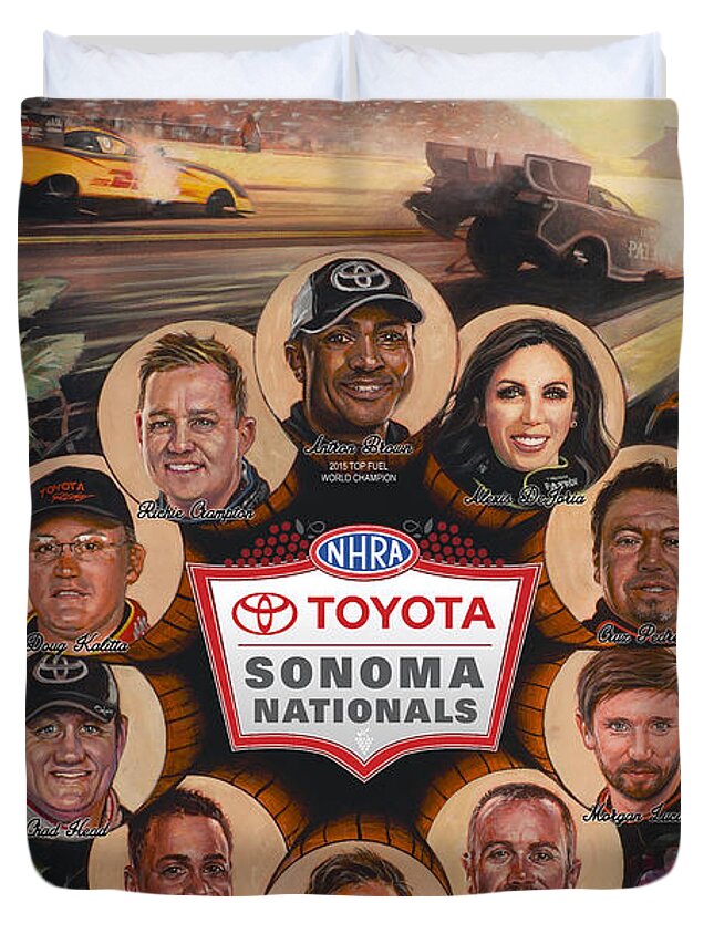 Nhra Funny Car Top Fuel Kenny Youngblood John Force Terry Mcmillan Nitro Drag Racing Duvet Cover featuring the painting Sonoma Nationals poster by Kenny Youngblood