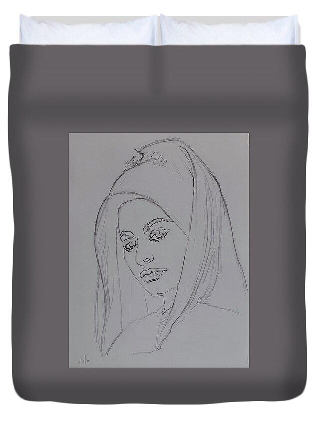 Woman Duvet Cover featuring the drawing Sophia Loren In Headdress by Sean Connolly
