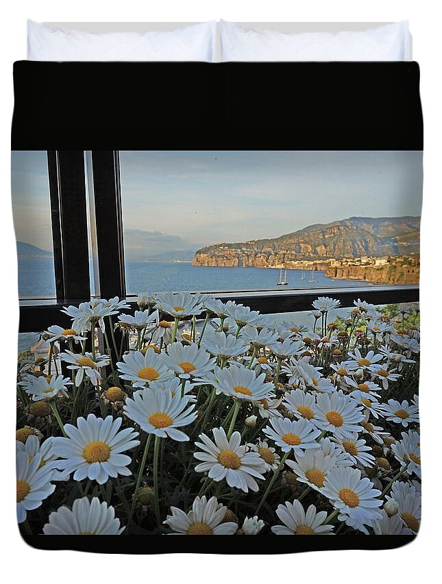 Sorrento Duvet Cover featuring the photograph Sorrento - View with Flowers by Yvonne Jasinski