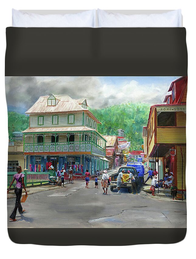 Soufriere Duvet Cover featuring the painting Soufriere Town by Jonathan Gladding