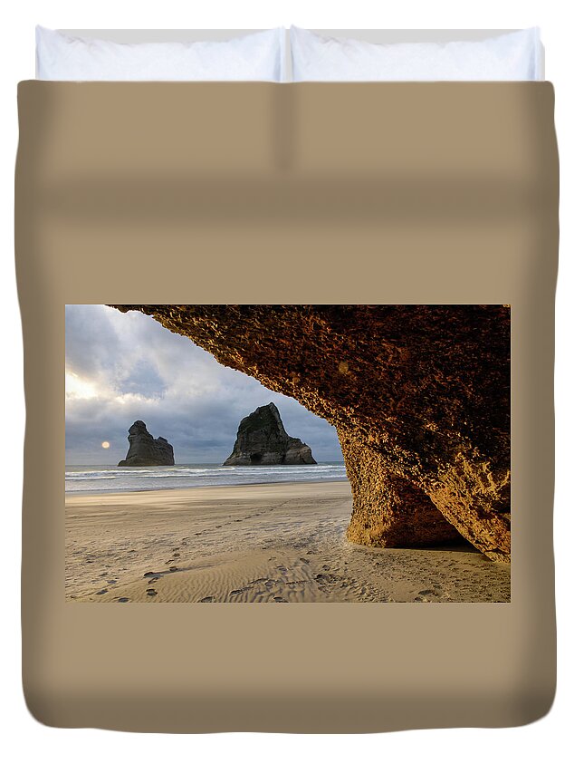 Wharariki Beach Duvet Cover featuring the photograph Castles Of Sand - Farewell Spit, South Island. New Zealand by Earth And Spirit