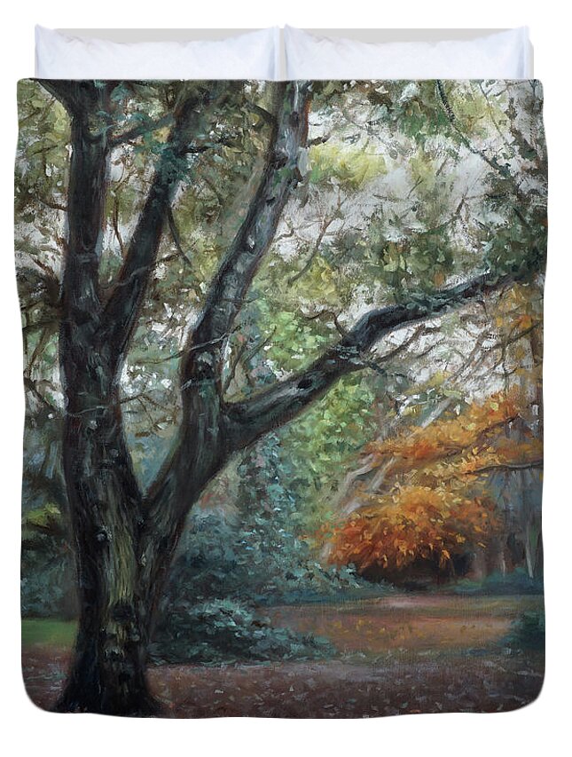 Trees Duvet Cover featuring the painting Southampton Common tree by path in Autumn by Martin Davey