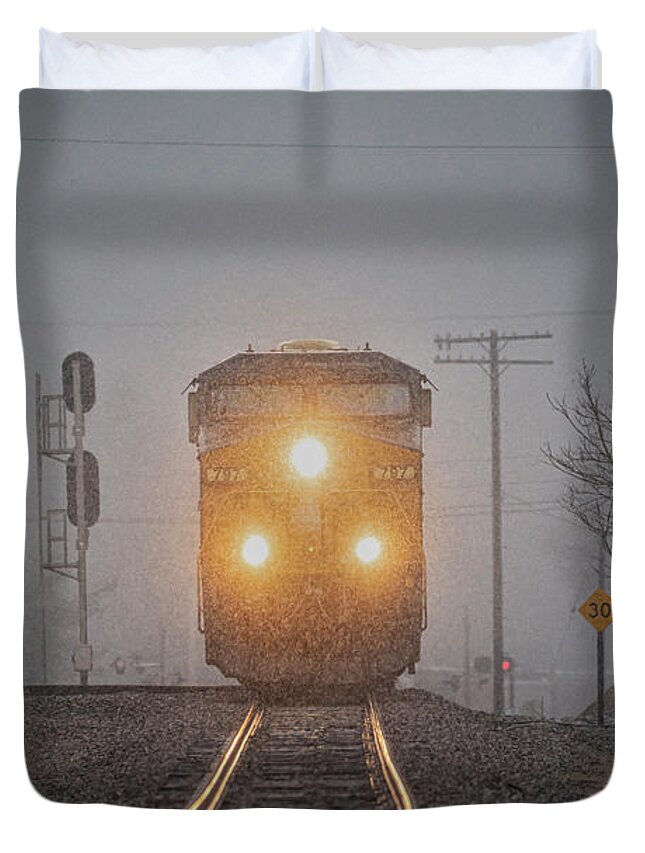 Railroad Duvet Cover featuring the photograph Southbound CSX at Mortons Junction during a snow squaw by Jim Pearson