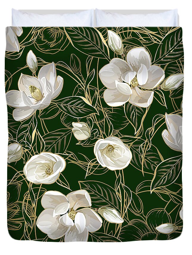 Magnolia Flowers Duvet Cover featuring the drawing Southern Magnolias on Deep Green by L Diane Johnson
