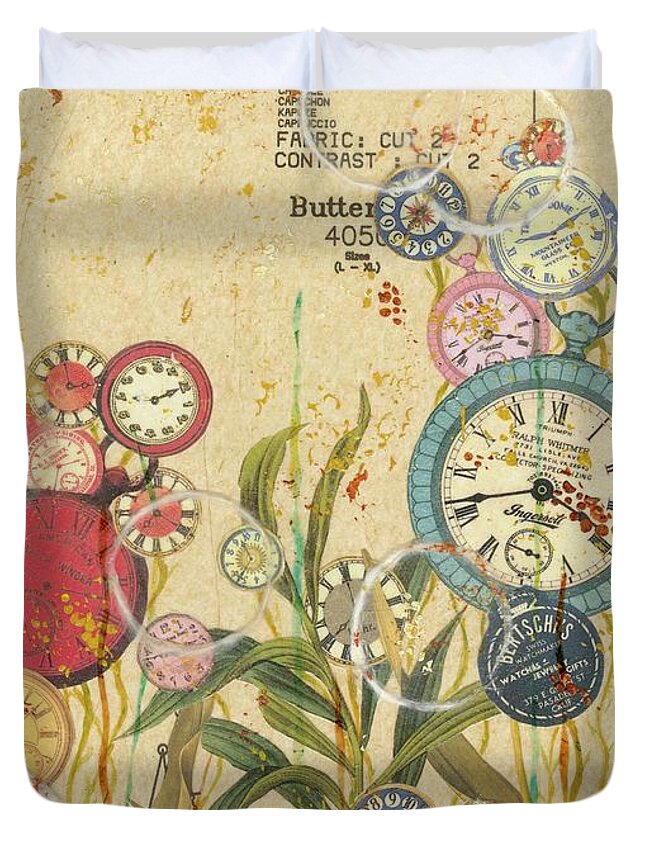 Clocks Duvet Cover featuring the mixed media Sowing the Seeds of Time #1 by Rebecca Wilson