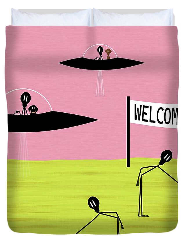 Outer Space Duvet Cover featuring the digital art Space Aliens Welcome Dogs by Donna Mibus