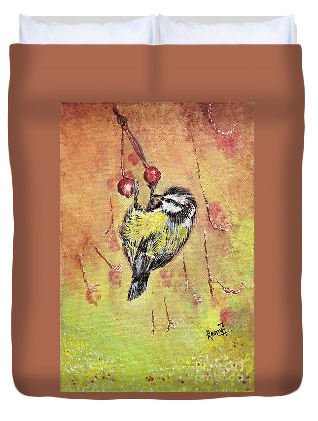 Acrylic Duvet Cover featuring the painting Sparrow who wants the berries by Remy Francis
