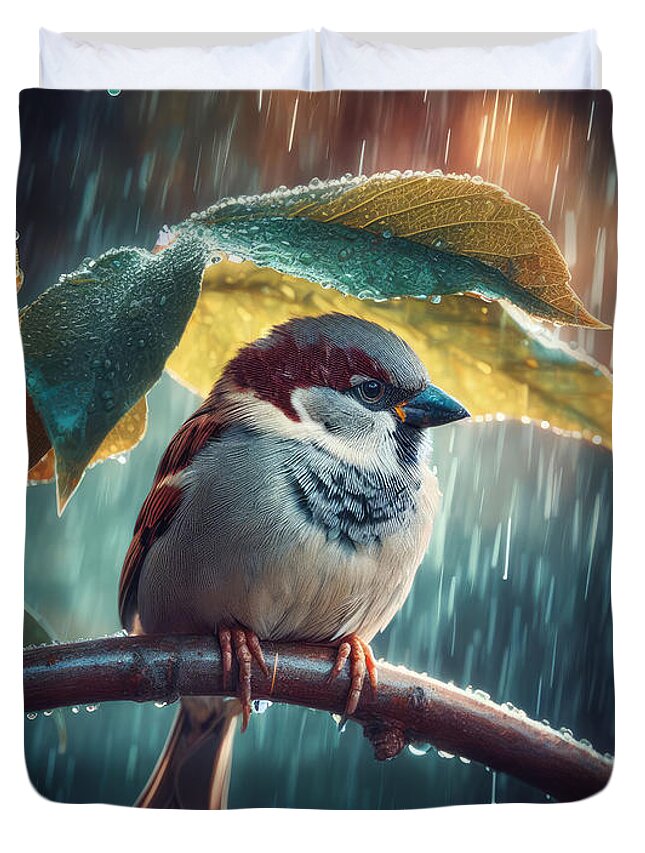 Sparrow Duvet Cover featuring the photograph Sparrow's Leafy Sanctuary in the Rainy Chill by Bill and Linda Tiepelman
