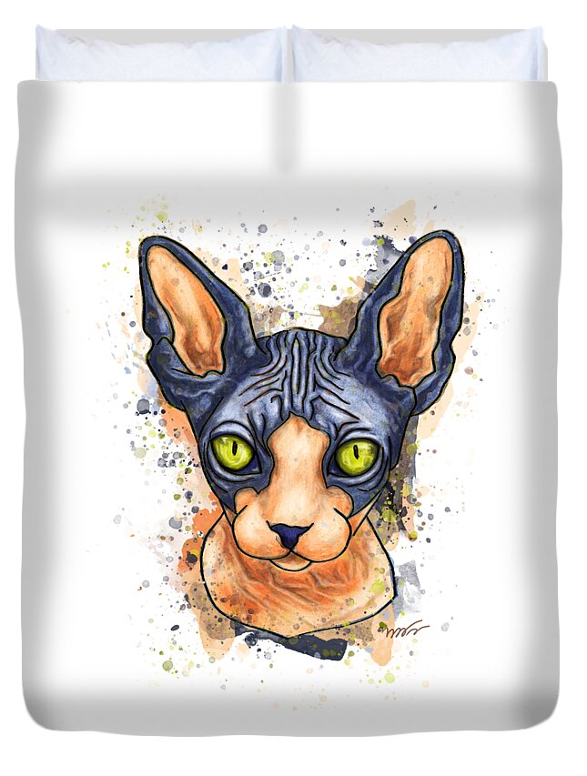 Sphynx Cat Duvet Cover featuring the painting Sphynx cat painting, Splatter watercolor sphynx by Nadia CHEVREL
