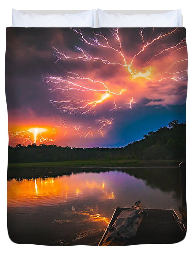 Spider Lightning Duvet Cover featuring the photograph Spider Lightning Reflected on Little Hunting Creek at Night by Jeff at JSJ Photography