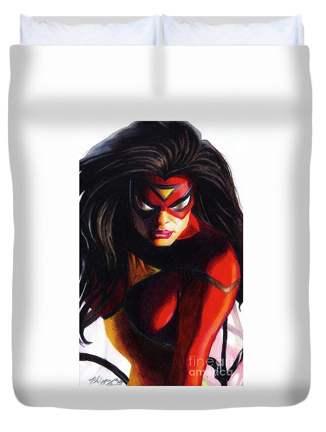 Alex Ross Duvet Cover featuring the drawing Spider-Woman Timeless by Philippe Thomas