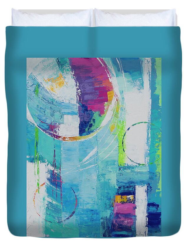 Colorful Duvet Cover featuring the painting Spinning Into Control by Linda Bailey