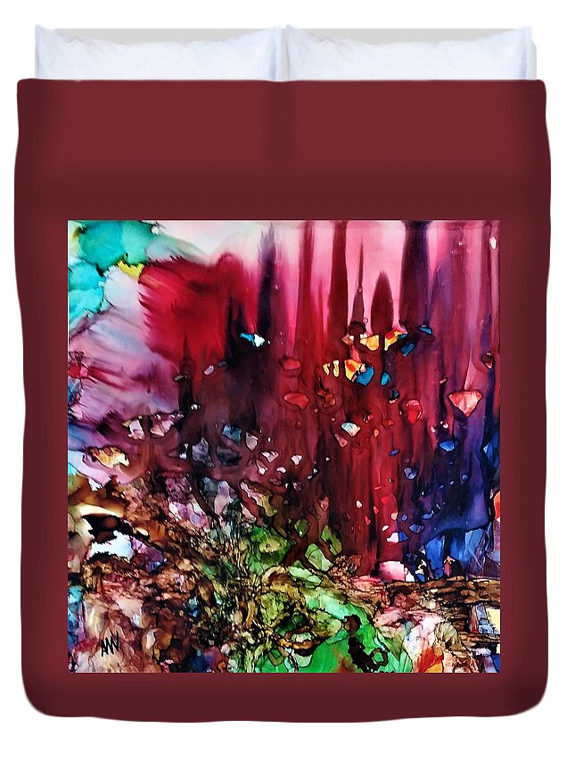 Story Duvet Cover featuring the painting Spinning tales of the wood by Angela Marinari