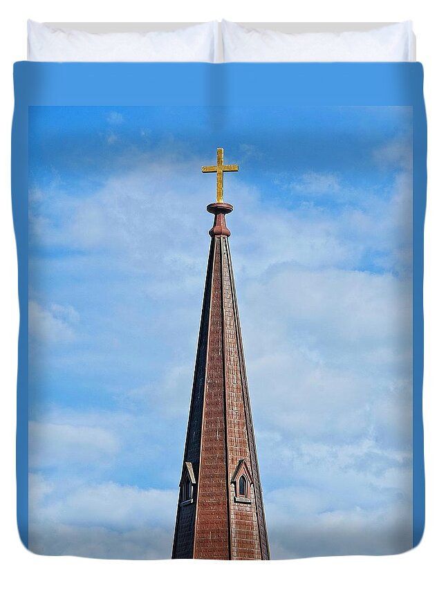 Capitol Duvet Cover featuring the photograph Spire and Cross, Grace Episcopal Church, Madison,WIsconsin by Steven Ralser