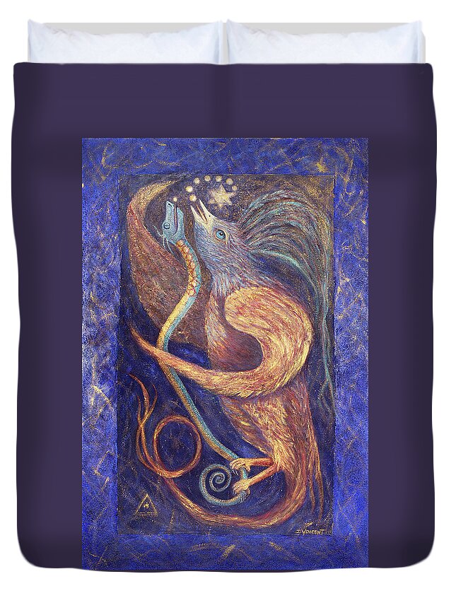 Spirit Bird Duvet Cover featuring the painting Spirit Bird and Snake Singing to the Stars by Irene Vincent