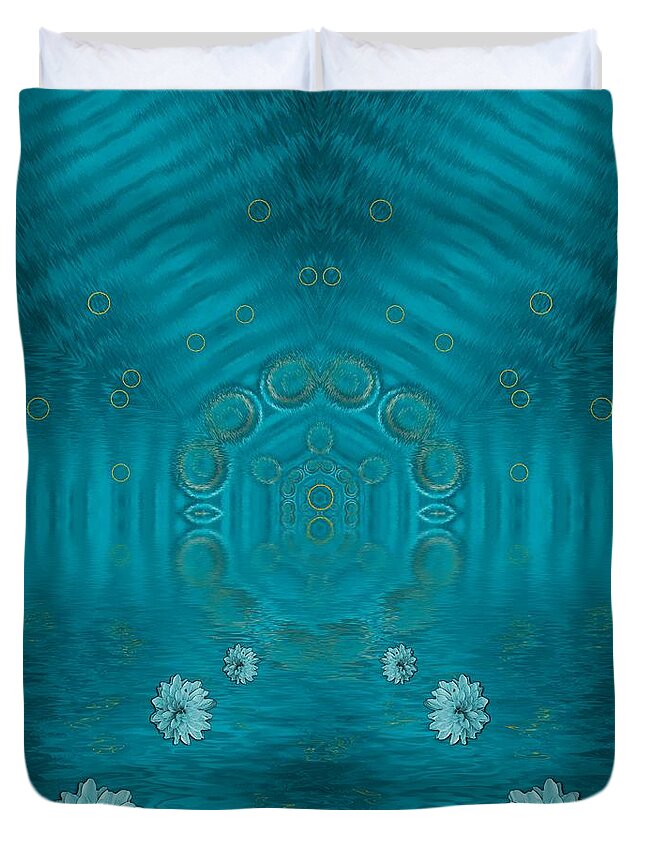 Sun Duvet Cover featuring the mixed media Spiritual Sun Is Raising Over The Peace Of Mind Sea Ornate by Pepita Selles