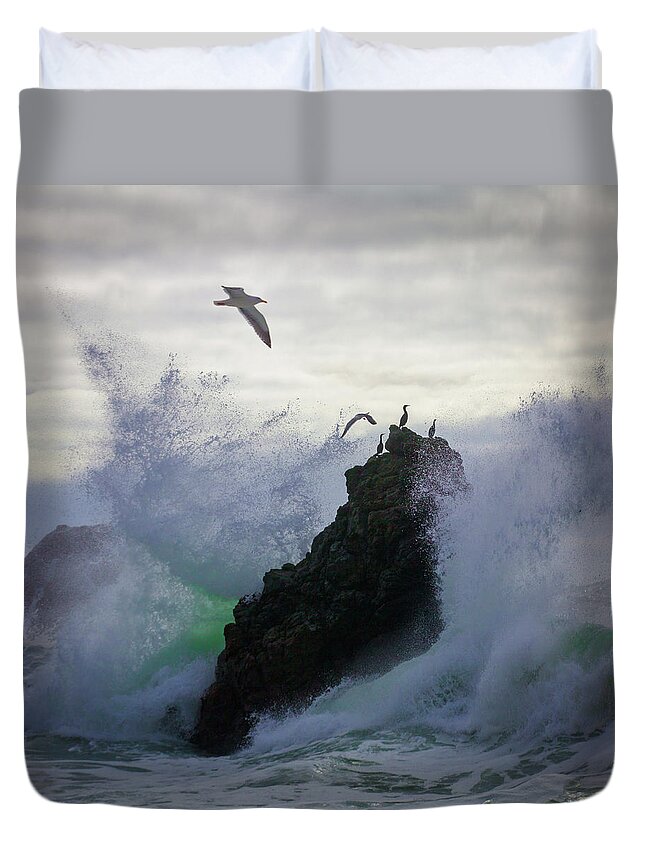 Splash Duvet Cover featuring the photograph Splash and flight by Donald Kinney