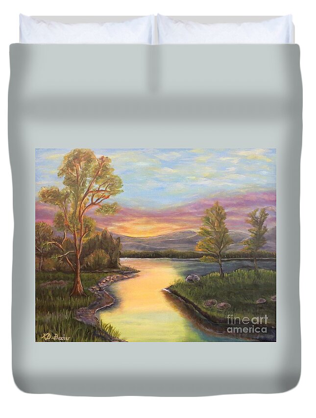 Golden Pink Purple Sunset Blue Skies Wispy Clouds Gulf Of Mexico Deciduous Trees Backlighting Lake Scene Nature Scene Landscape Acrylic Paintings Duvet Cover featuring the painting Splendor of a Sunset by Kimberlee Baxter