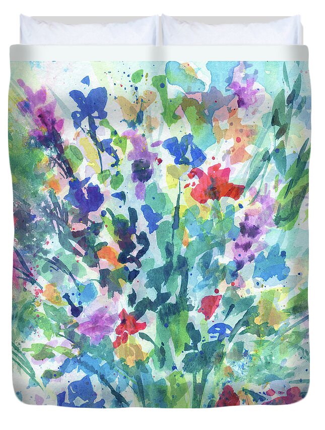 Abstract Flowers Duvet Cover featuring the painting Splish Splash Abstract Cool Flowers The Burst Of Multicolor Watercolor Contemporary II by Irina Sztukowski
