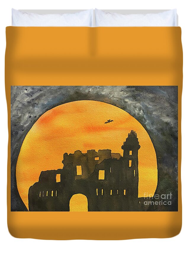 Moon Duvet Cover featuring the painting Spooky Castle by Lisa Neuman
