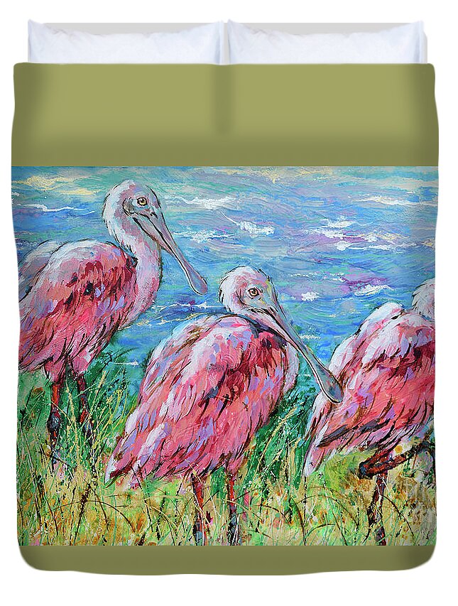 Spoonbills Duvet Cover featuring the painting Spoonbills at the Lake by Jyotika Shroff