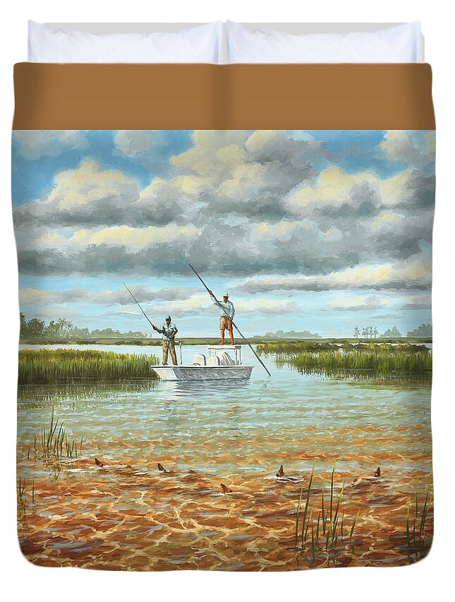 Redfish Duvet Cover featuring the painting Spotting Tails by Guy Crittenden