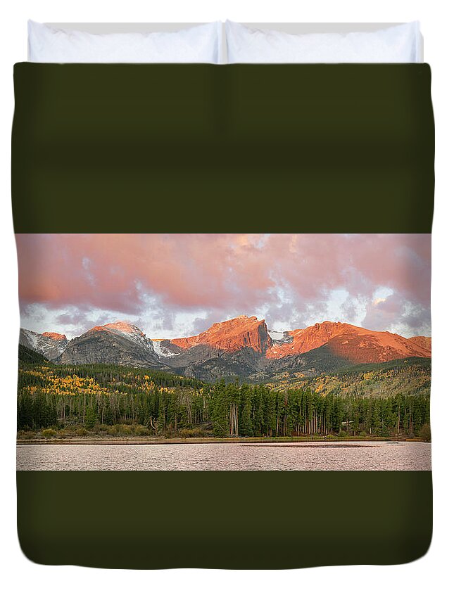Panorama Duvet Cover featuring the photograph Sprague Lake Autumn Sunrise Panorama by Aaron Spong