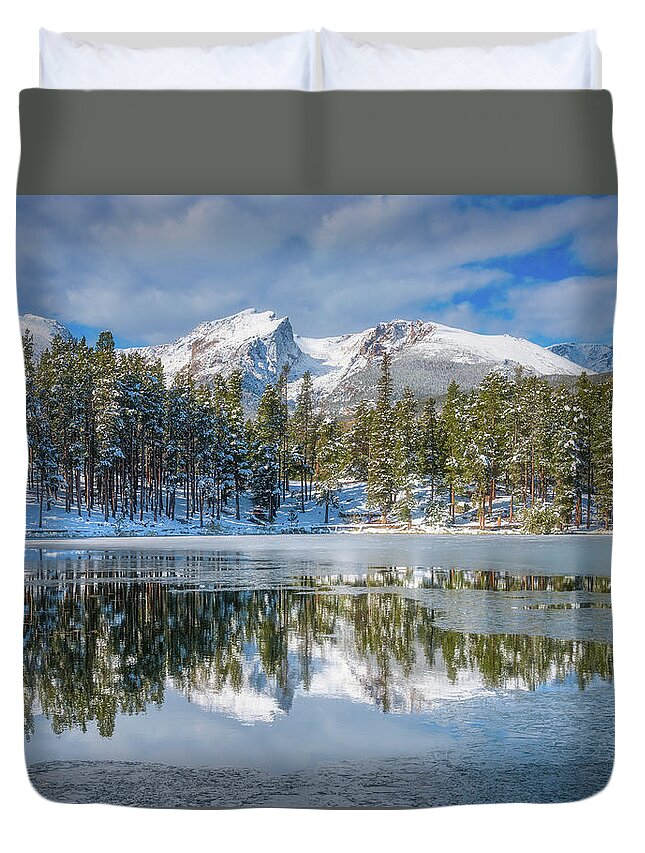 Mountains Duvet Cover featuring the photograph Sprague Lake First Freeze by Darren White