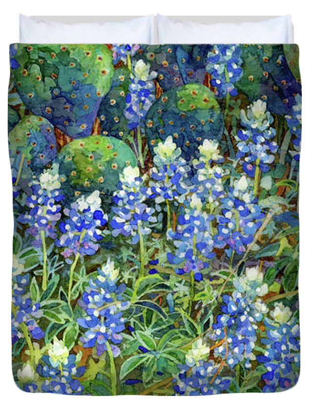 Cactus Duvet Cover featuring the painting Spring Blues - Bluebonnets by Hailey E Herrera
