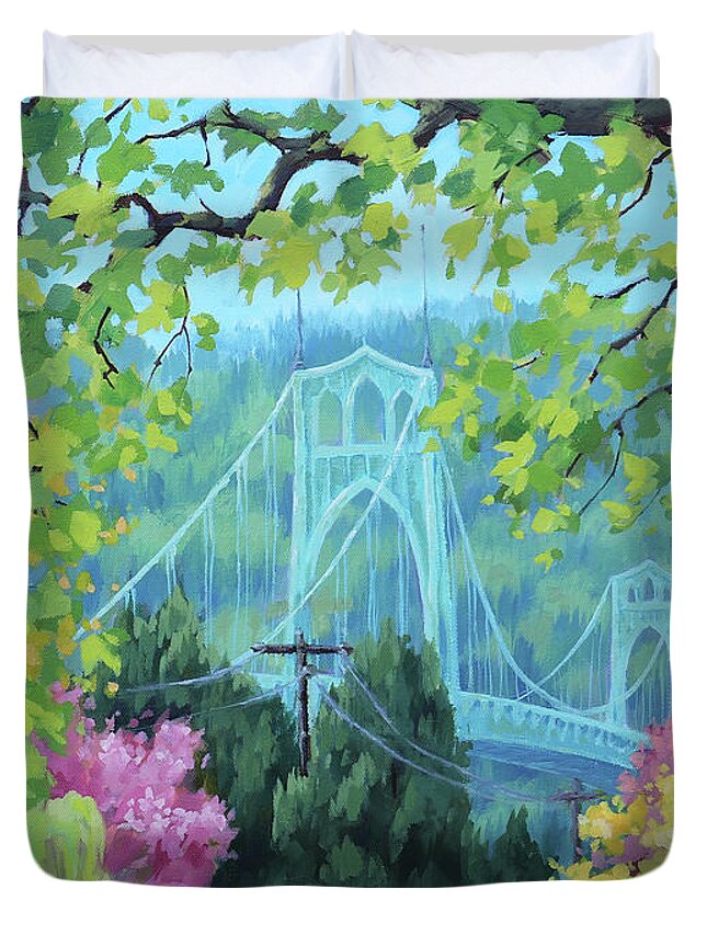 Portland Duvet Cover featuring the painting Spring Bridge by Karen Ilari