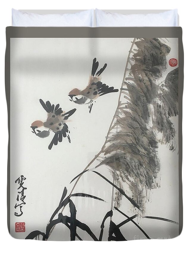 Bird Duvet Cover featuring the painting Spring Coming by Carmen Lam
