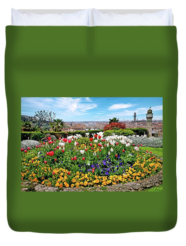 Spring Duvet Cover featuring the photograph Spring Flowerbed at Piazza Michelangelo in Florence Italy by Lily Malor