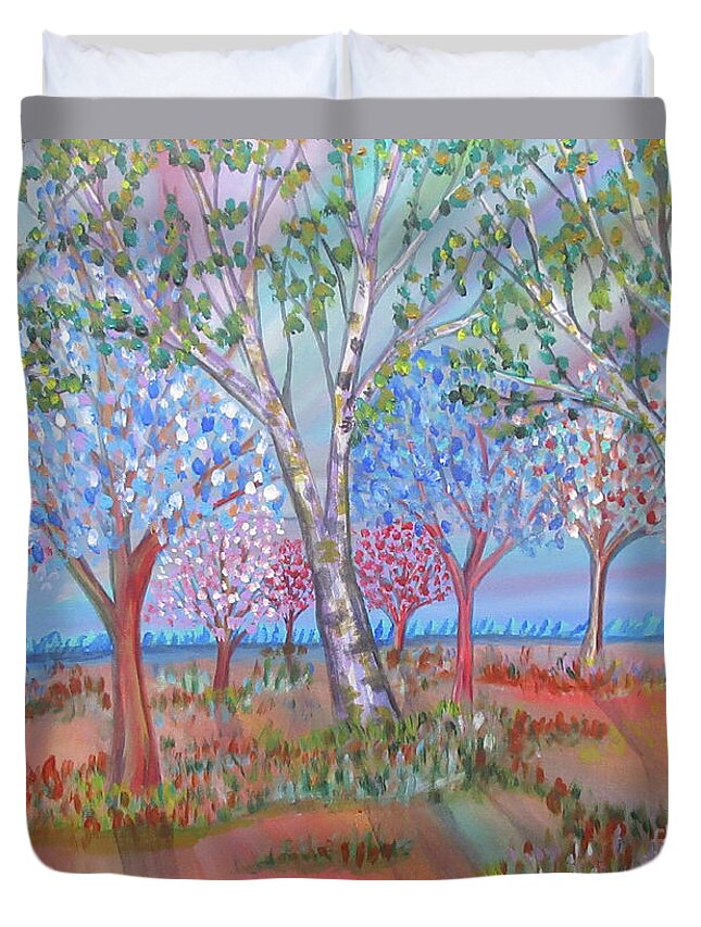 Landscape Trees Spring Birch Colourful Ontario Canada Lobby Office Abstract Realism Duvet Cover featuring the painting Spring Is In The Air by Bradley Boug