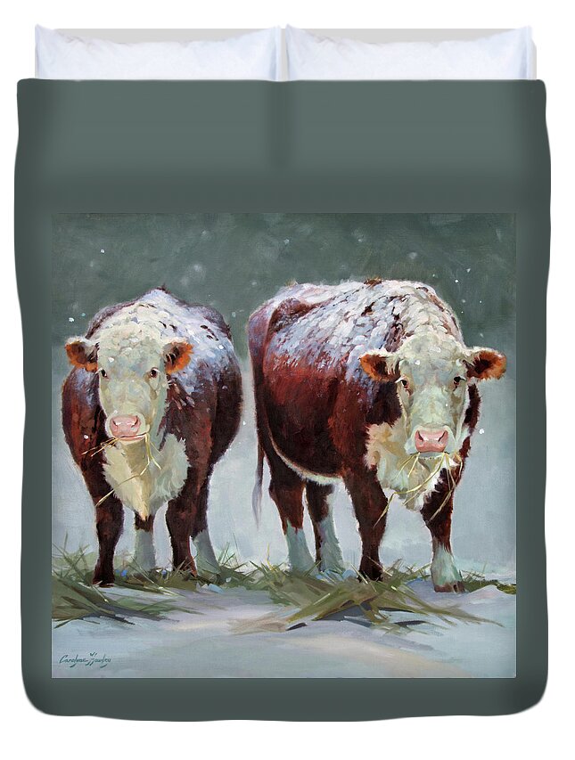 Ranch Animals Duvet Cover featuring the painting Spring Snow by Carolyne Hawley
