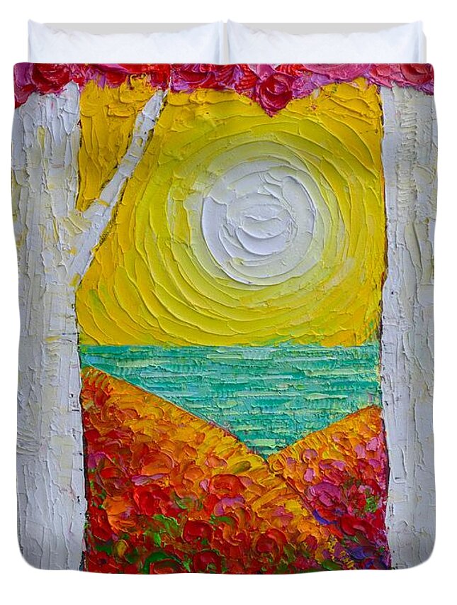 Heart Duvet Cover featuring the painting SPRING TREES LOVE HEART abstract landscape poppies hills at sunrise by the sea by Ana Maria Edulescu